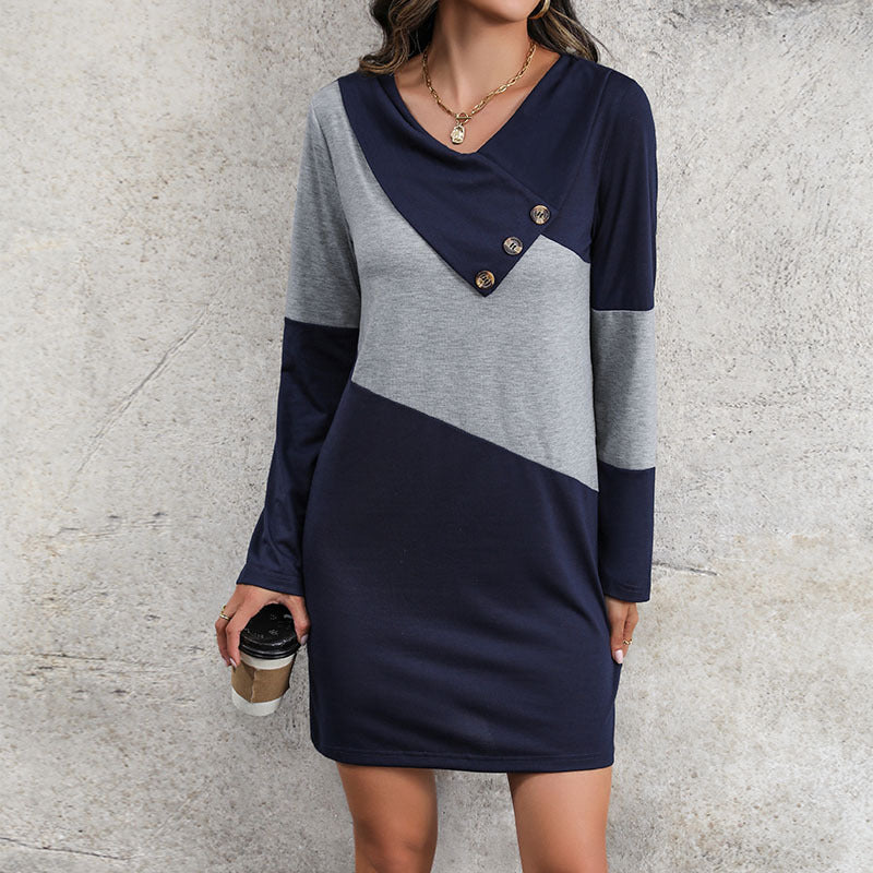 Button V-Neck Sweatshirt Dress