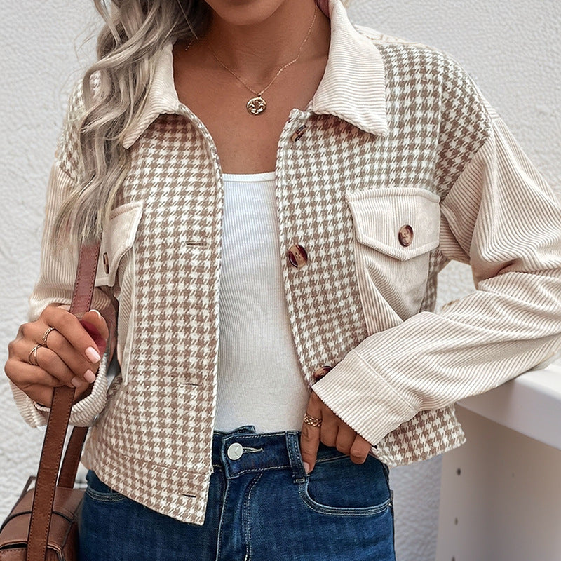 Plaid Corduroy Stitching Cardigan Coat