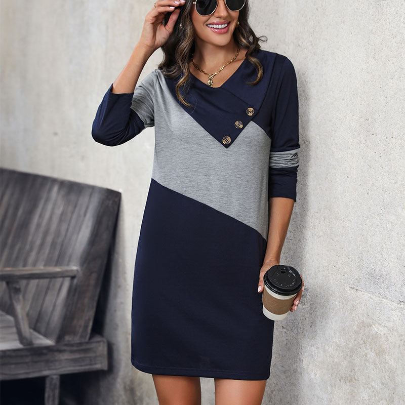 Button V-Neck Sweatshirt Dress